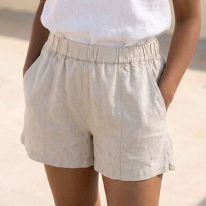 Women's Madewell Sz L Linen Blend Pull On Shorts Oatmeal Elastic Waist Pockets